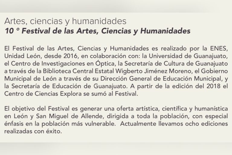 Invitan a participar en el 10° Festival de las Artes, Ciencias y Humanidades en León y San Miguel de Allende