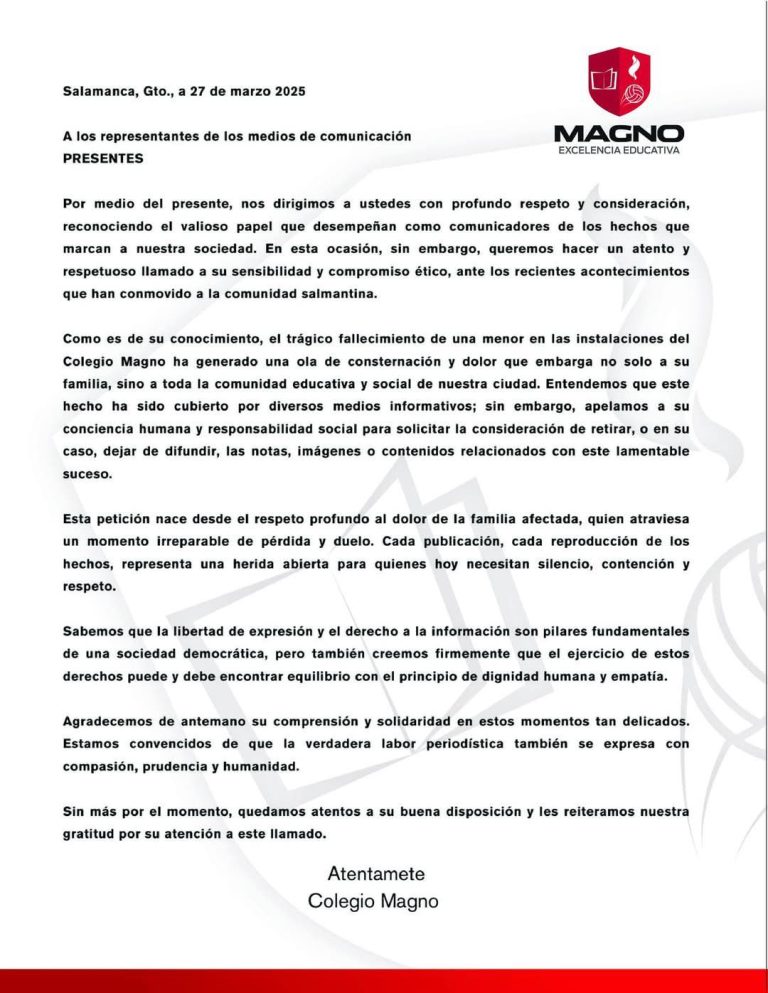 Colegio Magno pide respeto ante fallecimiento de alumna