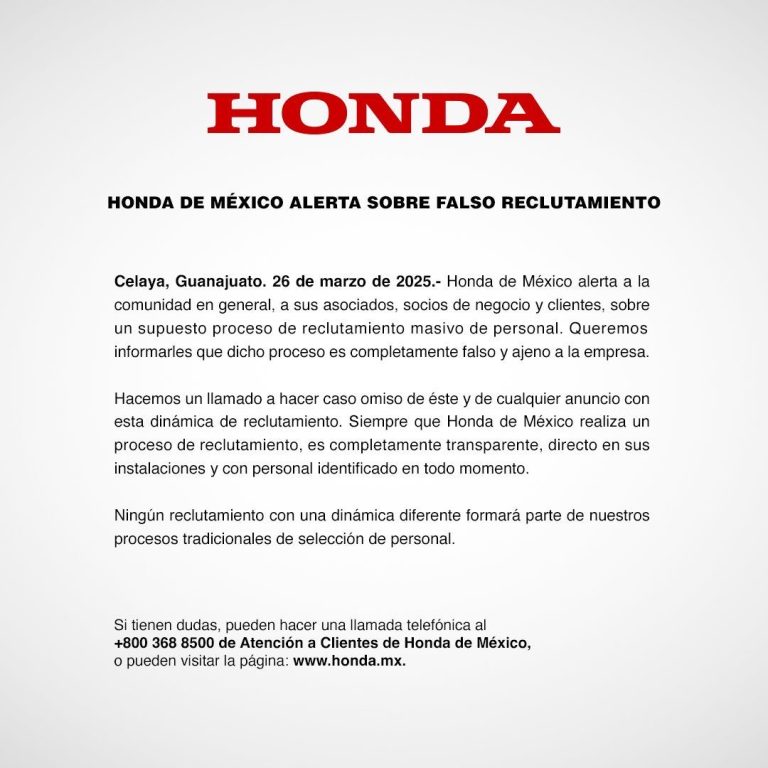 Engaño con supuesto empleo en Honda; la empresa desmiente convocatoria