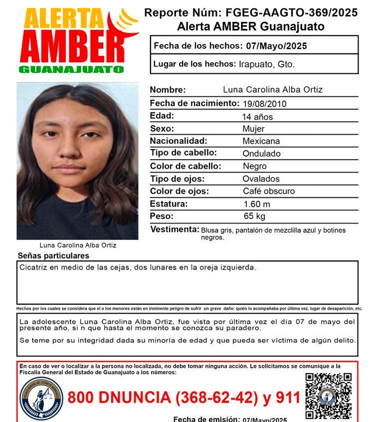 Activan Alerta Amber por jovencita levantada en Irapuato