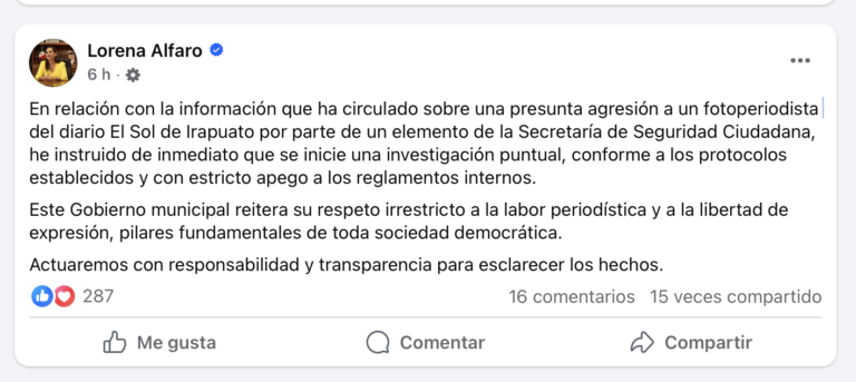 Gobierno de Irapuato anuncia investigación por agresión a fotoperiodista; reitera respeto a la libertad de expresión