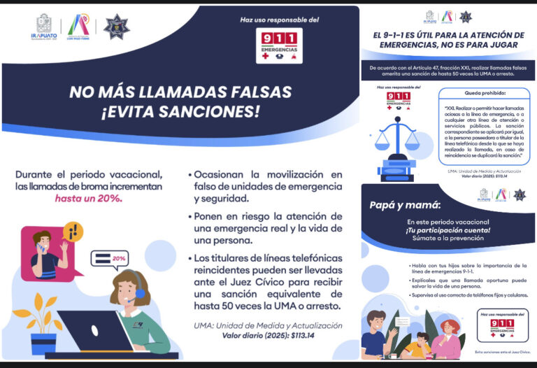SSCM IRAPUATO EXHORTA A EVITAR LLAMADAS FALSAS O DE BROMA AL 9-1-1; HABRÁ SANCIONES