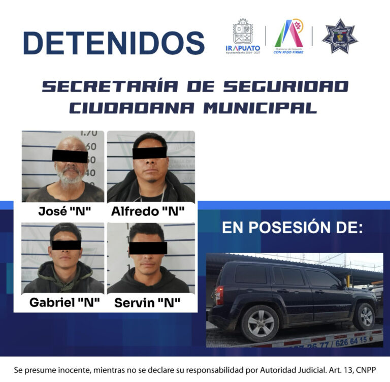 POLICÍA MUNICIPAL DE IRAPUATO EN COORDINACIÓN CON LA DEFENSA Y GUARDIA NACIONAL, DETIENE A CUATRO HOMBRES ARMADOS Y ASEGURA UN VEHÍCULO