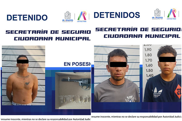 POLICÍA MUNICIPAL DE IRAPUATO DETIENE A TRES SUJETOS POR ROBO Y PORTACIÓN DE ARMA DE FUEGO