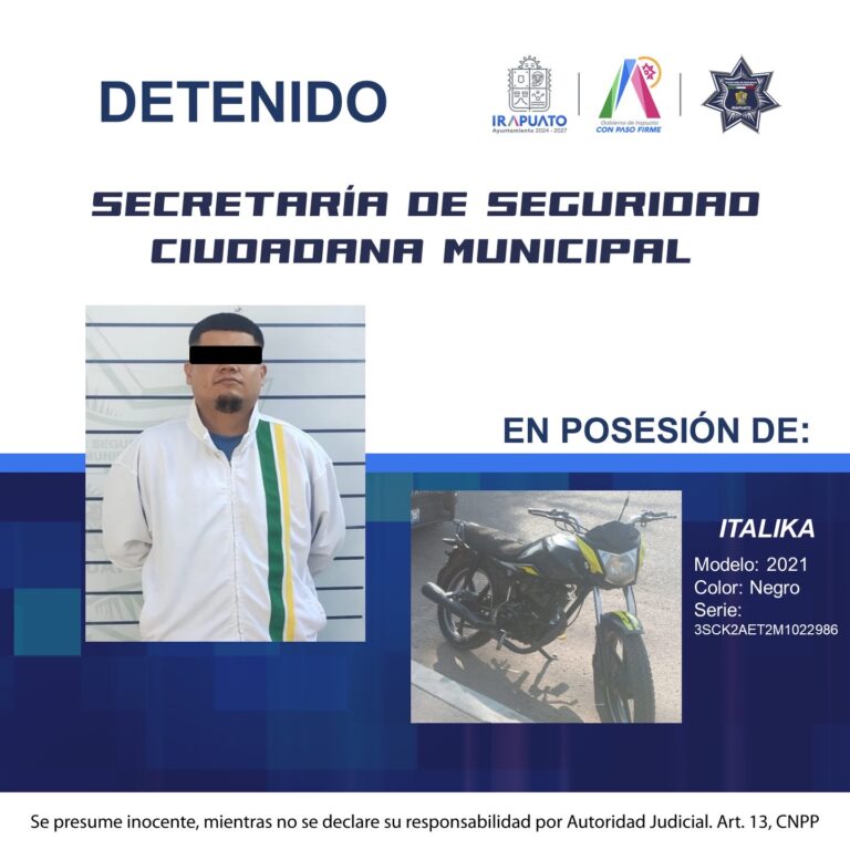 POLICÍA MUNICIPAL DE IRAPUATO DETIENE A SUJETO CON HISTORIAL DELICTIVO