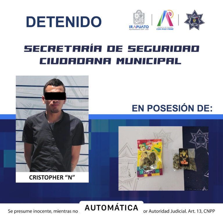POLICÍA MUNICIPAL DE IRAPUATO DETIENE A INDIVIDUO REINCIDENTE POR POSESIÓN DE DROGA