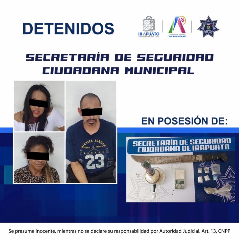 POLICÍA MUNICIPAL DE IRAPUATO DETIENE A TRES PERSONAS POR POSESIÓN DE DROGAS