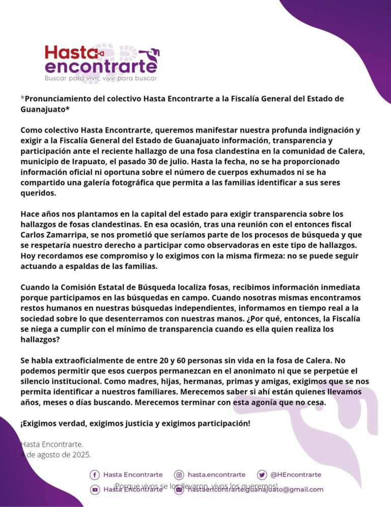 Exige colectivo a Fiscalía transparencia en torno a fosa clandestina encontrada en Irapuato