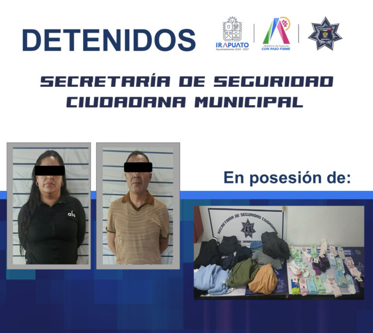 POLICÍA MUNICIPAL DE IRAPUATO DETIENE A DOS PERSONAS POR ROBO EN PLAZA COMERCIAL