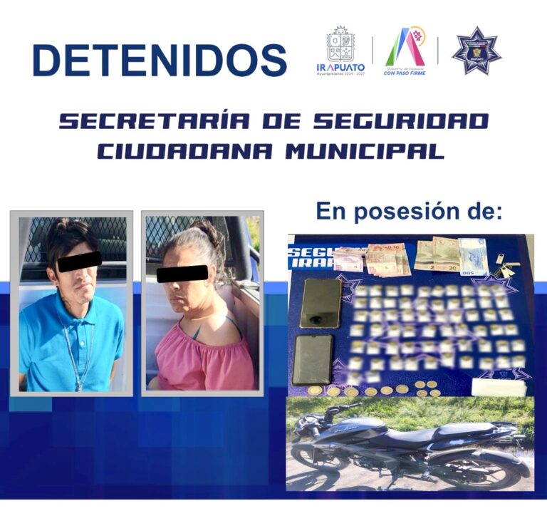 POLICÍA MUNICIPAL DE IRAPUATO DETIENE A DOS PERSONAS EN POSESIÓN DE DROGA
