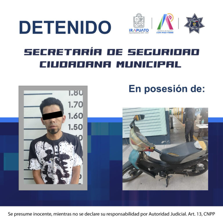 POLICÍA MUNICIPAL DE IRAPUATO DETIENE A SUJETO CON AMPLIO HISTORIAL DELICTIVO