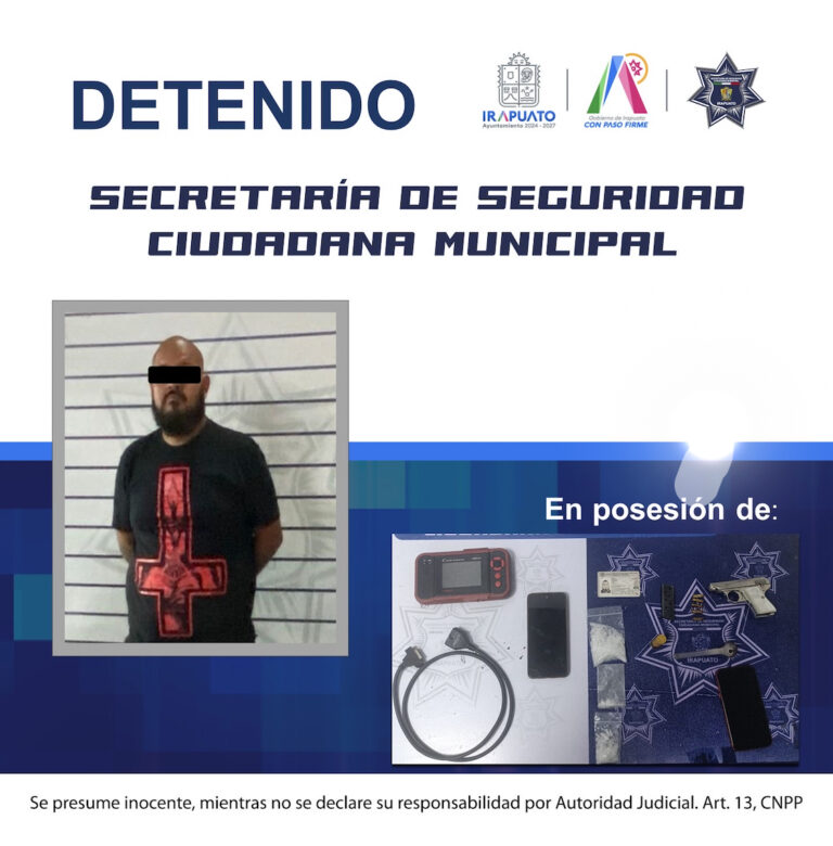POLICÍA MUNICIPAL DE IRAPUATO DETIENE A DOS INDIVIDUOS POR POSESIÓN DE DROGAS Y ARMA DE FUEGO