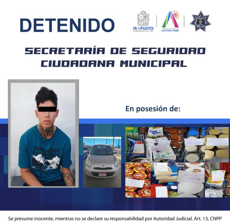 POLICÍA MUNICIPAL DE IRAPUATO DETIENE A SUJETO POR ROBO DE MERCANCÍA A SUPERMERCADO