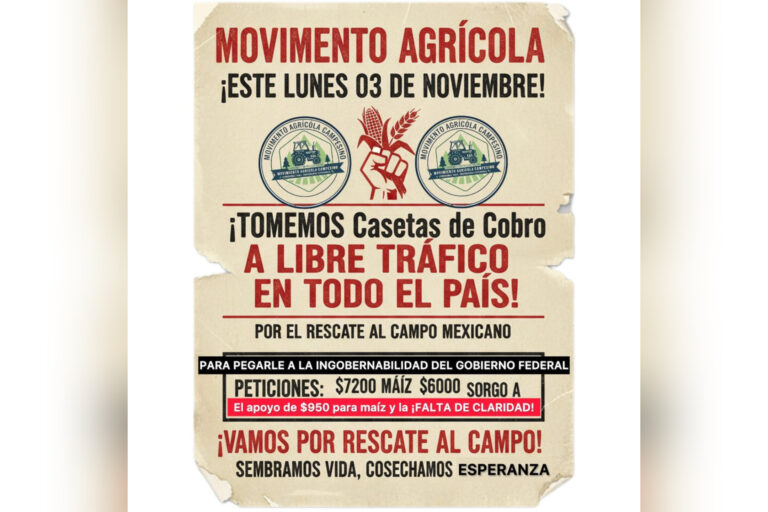 Movimiento Agrícola Campesino convoca a movilización nacional en casetas de peaje