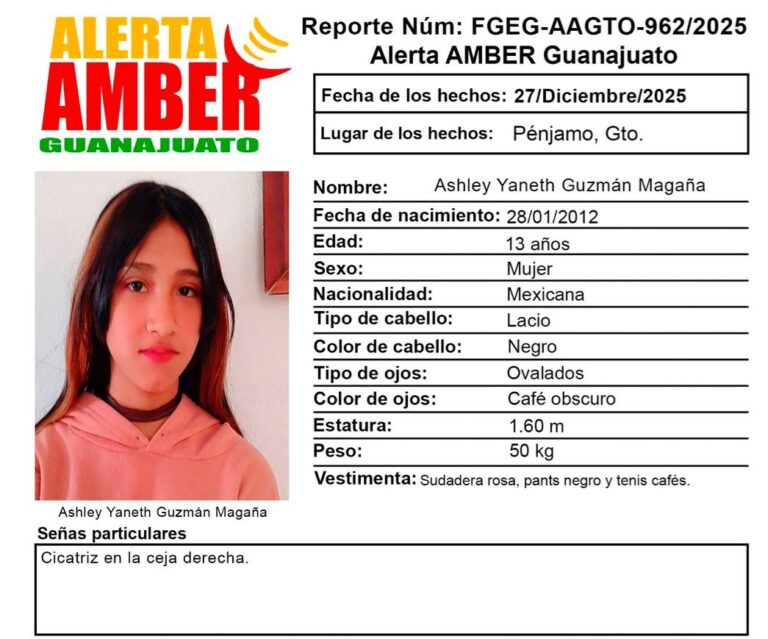 Activan Alerta Amber por desaparición de menor en Pénjamo