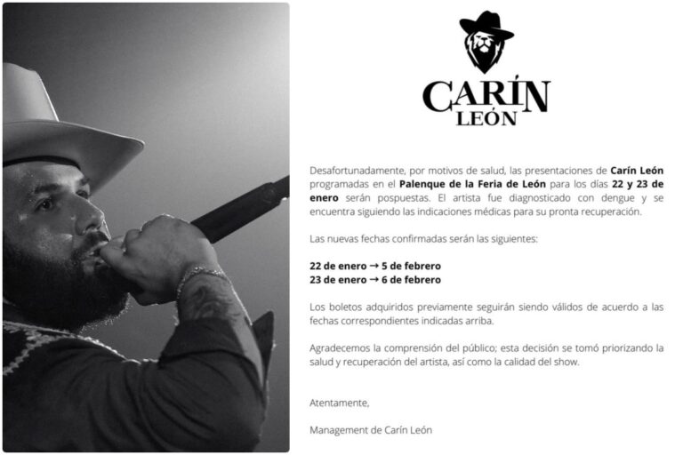 CARÍN LEÓN ES DIAGNOSTICADO CON DENGUE Y POSPONE CONCIERTOS EN LA FERIA DE LEÓN