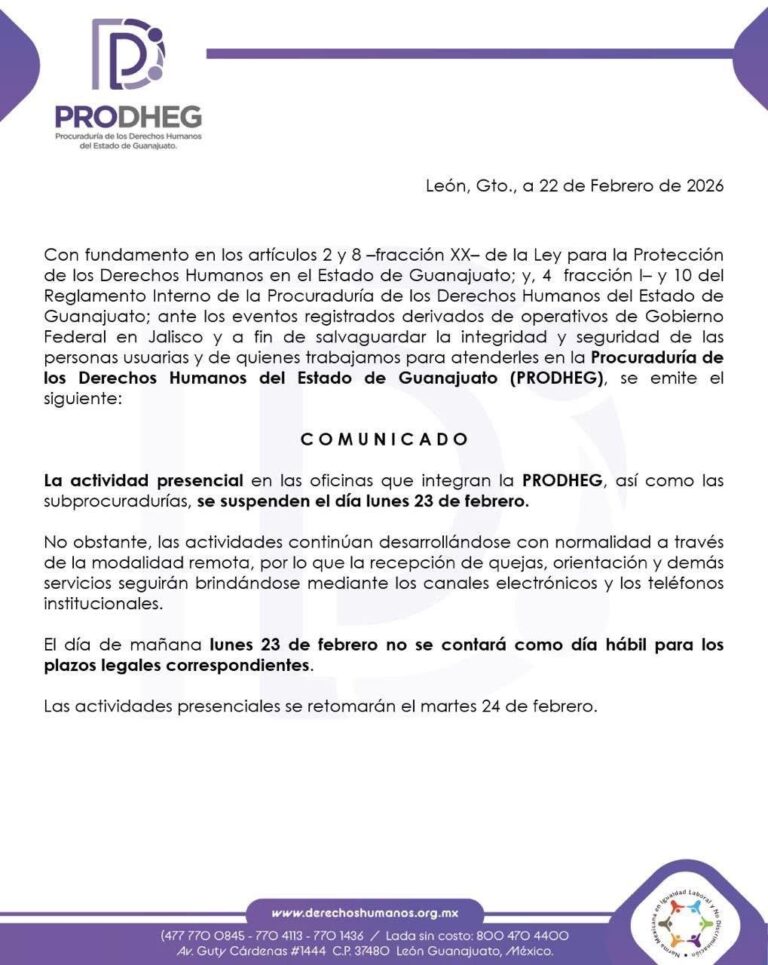 PRODHEG suspende actividades presenciales este 23 de Febrero