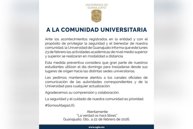 Ante hechos violentos, Universidad de Guanajuato suspende actividades presenciales este lunes 23 de febrero