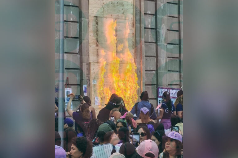 Incendian protección de madera colocada en la puerta principal de presidencia