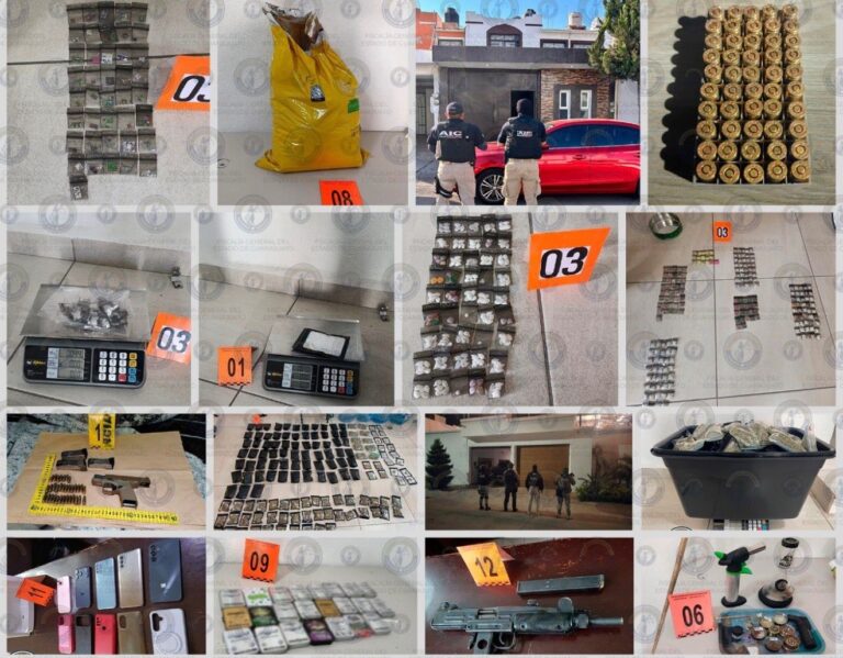 Fiscalía catea domicilios en León; asegura armas de alto poder, drogas y detiene a 6 personas