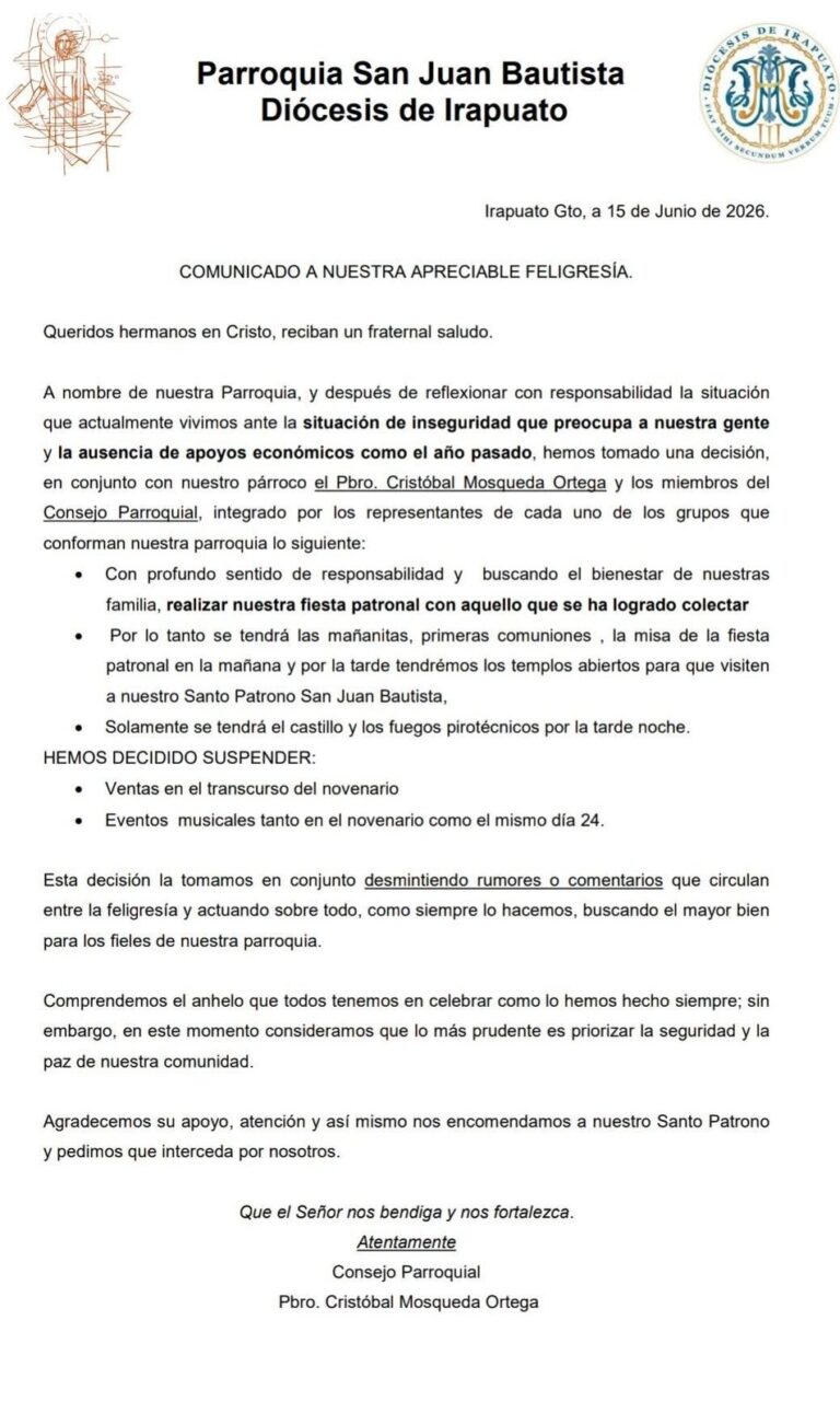 Por seguridad suspenden fiesta de San Juan Bautista en Irapuato