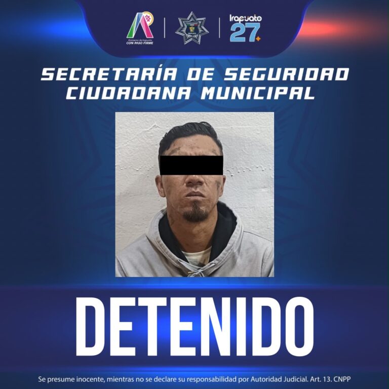 Policía Municipal de Irapuato detiene a presunto homicida y con registro reincidente de 74 detenciones