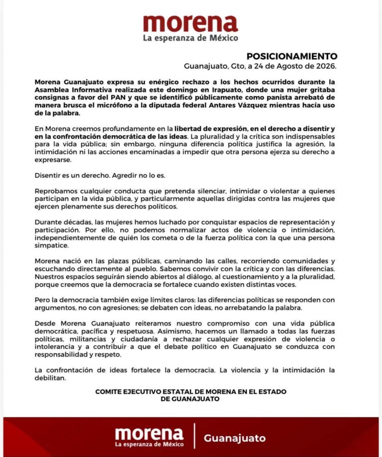 Morena Guanajuato rechaza agresión a diputada Antares Vázquez durante asamblea en Irapuato