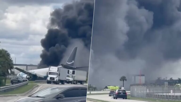 Avión de Amazon se sale de la pista e incendia en Miami; hay cinco muertos