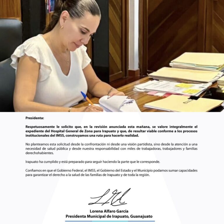Presidenta de Irapuato dirige carta abierta a Sheinbaum para solicitar revisión del proyecto de hospital del IMSS